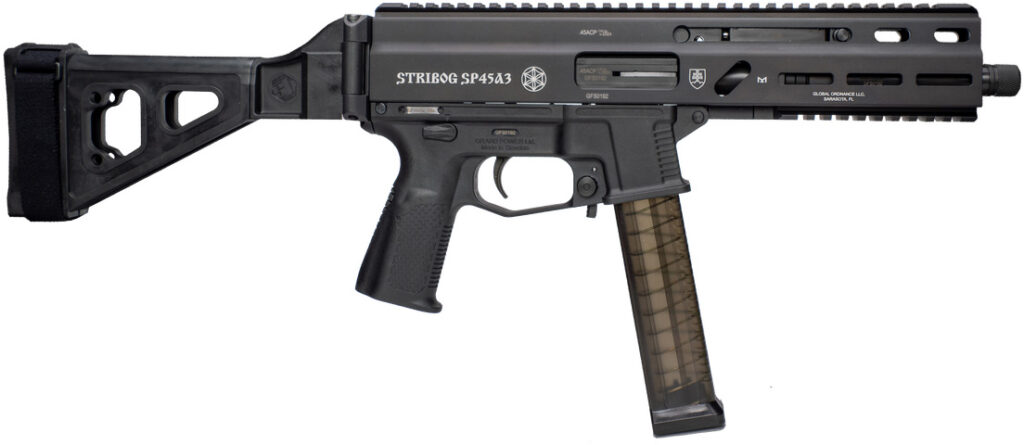 Grand Power Stribog SP45A3 .45 ACP Semi-Auto Pistol - Black | 8" Threaded Barrel | 3x 20rd Mags | SBT Folding Arm Brace