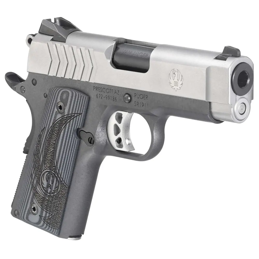 RUG SR1911 OFCR-STYLE 9MM PSTL 3.6" STS/BLK CHK GRPS 7+1