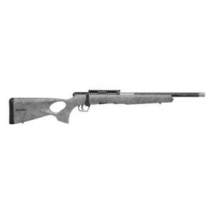 Savage B22 Magnum Timberlite Thumbhole Rifle .22 WMR 10rd Magazine 18″ 1/2×28 Threaded Barrel Grey with Black Spiderweb