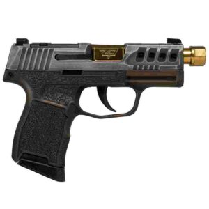 Sig Sauer P365 “Gold Bug” Handgun 9mm luger 10rd Magazines(2) 3.7″ Threaded Gold Barrel Tactical Cut Distressed Grey Slide/Brown Grip Octagon Stippling