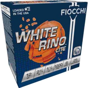 Fiocchi White Rino Lite Shotshells 12 ga 2-3/4″ 1-1/8oz 1200 fps #8 25/ct