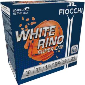 Fiocchi White Rino Super Lite Shotshells 12 ga 2-3/4″ 1-1/8oz 1150 fps #7.5 25/ct
