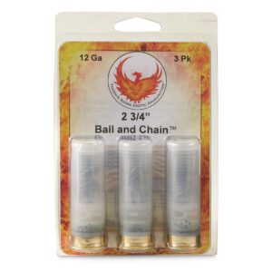 Phoenix Rising Ball & Chain Shotshells 2- 60 Cal Balls Connected with 6” Cable 12ga 2-3/4″ 1200 fps 3/ct