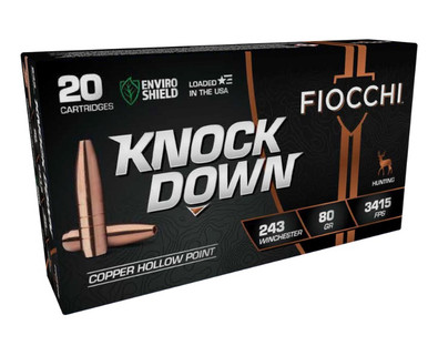 Fiocchi 243 Winchester Ammunition Knock Down FI243CHA 80 Grain Solid Copper Hollow Point 20 Rounds