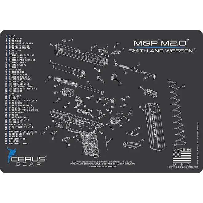 Cerus Gear Smith & Wesson M&P M2.0 Handgun Schematic Cleaning Mat 12x17 Grey and Blue