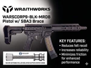 Wraithworks WARSCORP9 Roller Delayed Side-Charging AR Pistol – Black | 9mm | 8.5″ Barrel | 7″ M-LOK Rail | SB Tactical SBA3 Brace | Accepts Scorpion Mags