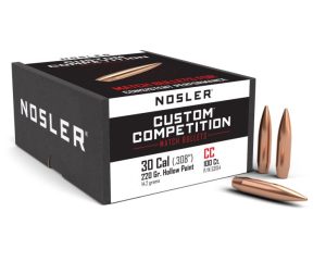Nosler 30 Cal (.308 Dia) Reloading Bullets Custom Competition Match NOS53154 220 Grain Hollow Point Boat Tail 100 Pieces