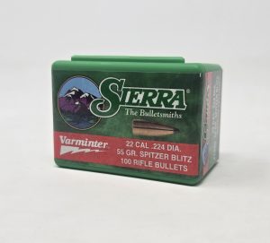 SRAA1345__44296.1738695596.1280.1280.jpg Sierra 22 Cal (.224 Dia) Reloading Bullets Blitz Varminter SRAA1345 55 Grain Flat Base Spitzer Soft Point 100 Pieces