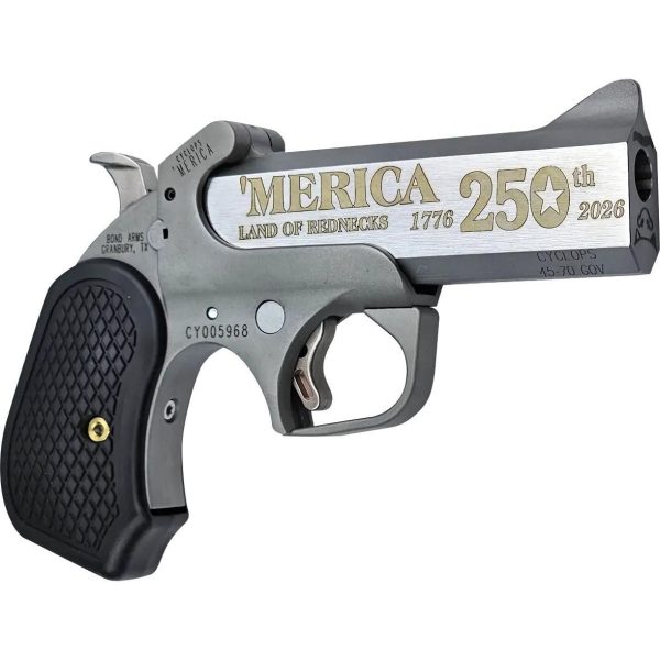 https3A2F2Fmedia.chattanoogashooting.com2Fimages2Fproduct2FBEBACY25045702FBEBACY25045705_1.jpg Bond Arms 250th 'Merica Derringer .45-70 Govt 1rd Capacity 4.25" Stainless Barrel Rough Finish B6 Extended Grip