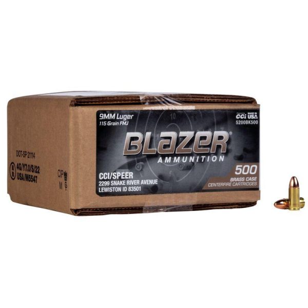 https3A2F2Fmedia.chattanoogashooting.com2Fimages2Fproduct2FCC5200BK5002F5200BK500.jpg CCI Blazer Brass Handgun Ammunition 9mm Luger 115 gr FMJ 1145 fps 500/ct (Loose Pack)