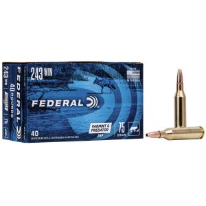 https3A2F2Fmedia.chattanoogashooting.com2Fimages2Fproduct2FFAAE24375VP2FFAAE24375VP.jpg Federal American Eagle Varmint & Predator Rifle Ammunition .243 Win 75 gr JHP 3375 fps 40/ct