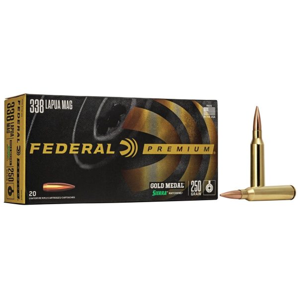 https3A2F2Fmedia.chattanoogashooting.com2Fimages2Fproduct2FFAGM338LM2FFAGM338LM_2.jpg Federal Premium Gold Medal Rifle Sierra MatchKing Ammunition .338 Lapua Mag 250 gr BTHP 2950 fps - 20/ct
