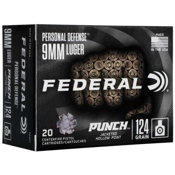 https3A2F2Fmedia.chattanoogashooting.com2Fimages2Fproduct2FFAPD9P12FFAPD9P1-1.jpg Federal Personal Defense Punch Handgun Ammunition 9mm Luger 124 gr 1150 fps JHP 20/ct