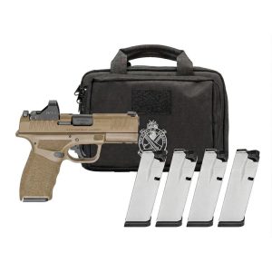 https3A2F2Fmedia.chattanoogashooting.com2Fimages2Fproduct2FFKHCP9379FOSPPAC2FFKHCP9379FOSPPAC1.jpg Springfield Gear Pac Hellcat Pro Optic Ready FDE Handgun 9mm Luger 15rd(1)&17(3) Magazines 3.7" Barrel Viridian RFX11 Bag