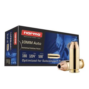 https3A2F2Fmedia.chattanoogashooting.com2Fimages2Fproduct2FNH8011092652FNH801109265.jpg Norma Safeguard Handgun Ammunition 10mm Auto 180gr JHP 1224 fps 50/ct