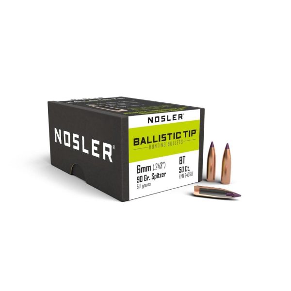 https3A2F2Fmedia.chattanoogashooting.com2Fimages2Fproduct2FNO240902FNO24090-1.jpg Nosler Ballistic Tip Hunting Rifle Bullets 6mm .243" 90 gr SBT-BTIP 50/ct