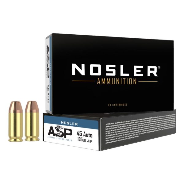 https3A2F2Fmedia.chattanoogashooting.com2Fimages2Fproduct2FNO512712FNO51271_1.jpg Nosler ASP Handgun Ammo .45 ACP 185 gr JHP 915 fps 50/ct