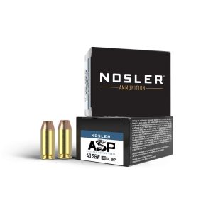 https3A2F2Fmedia.chattanoogashooting.com2Fimages2Fproduct2FNO512792FNO51279-1_1.jpg Nosler ASP Handgun Ammunition .40 S&W 180 gr JHP 1005 fps 20/ct