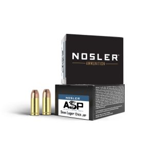 https3A2F2Fmedia.chattanoogashooting.com2Fimages2Fproduct2FNO512862FNO51286-1_1.jpg Nosler ASP Handgun Ammo 9mm Luger 124 gr JHP 1150 fps 20/ct