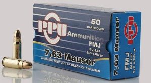 https3A2F2Fmedia.chattanoogashooting.com2Fimages2Fproduct2FOQPPH7632FOQPPH763.jpg PPU Handgun Ammunition 7.63mm Mauser 85 gr FMJ 1510 fps 50/ct