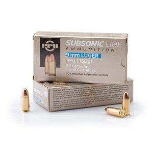 https3A2F2Fmedia.chattanoogashooting.com2Fimages2Fproduct2FOQPPS9MM2FOQPPS9MM-1.jpg PPU Subsonic Handgun Ammunition 9mm Luger FMJ 158 gr 950 fps 50/ct
