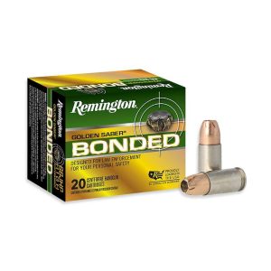 https3A2F2Fmedia.chattanoogashooting.com2Fimages2Fproduct2FRT293432FRT29343-1.jpg Remington Golden Saber Bonded Handgun Ammo 9mm Luger 147 gr. BJHP 990 fps 20/ct