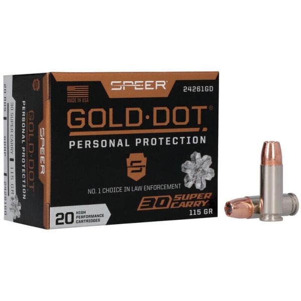 https3A2F2Fmedia.chattanoogashooting.com2Fimages2Fproduct2FSP24261GD2FSP24261GD.jpg Speer Gold Dot Handgun Ammunition .30 Super Carry 115gr HP 1150 fps 20/ct