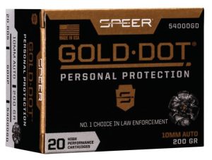 https3A2F2Fmedia.chattanoogashooting.com2Fimages2Fproduct2FSP54000GD2FSP54000GD.jpg Speer Gold Dot Handgun Ammunition 10mm Auto 200 gr HP 1100 fps 20/ct
