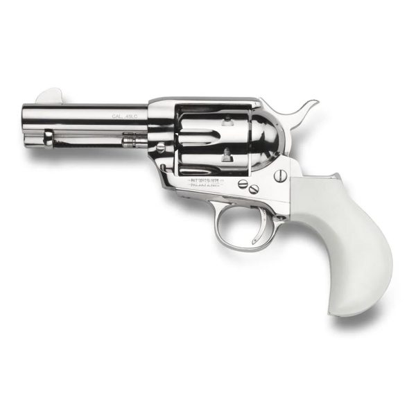 https3A2F2Fmedia.chattanoogashooting.com2Fimages2Fproduct2FTU2001112FTU200111-1.jpg Taylors & Company TC9 1873 Single Action Handgun 9mm Luger 6rd Capacity 3.5" Barrel Nickle Flattop Birdshead Ivory Grip