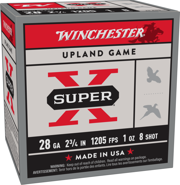 image-full-8089-3b97ee4e876d4fd715c31bc6121ba54e.png WINCHESTER 28 GA 2-3/4" #8 SUPER-X UPLAND HB 1 OZ 25 RD/BX 10 BX/CS