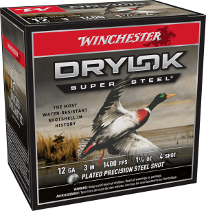 image-full-8100-d3be78d8375c59cf04ae1f4173e77eb9.png WINCHESTER DRYLOK SUPER STEEL 12 GA 3" #4 1-1/4 OZ 25 RD/BX 10 BX/CS