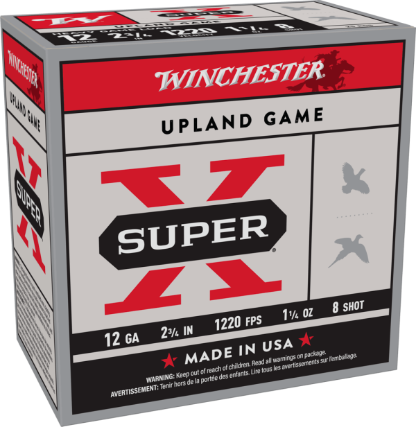 image-full-8103-2bbe419a508bb0f84f20e7c4ba826bb1.png WINCHESTER SUPER X UPLAND 12 GA 2-3/4" #8 1-1/4 OZ 25 RD/BX 10 BX/CS